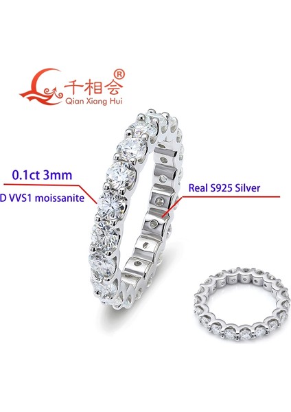 0.1ct 3mm Yuvarlak D Vvs Moissanite Tam Sonsuzluk Bandı Yüzük 925 Ayar Gümüş Takı Erkek Kadın Nişan Hediyesi Parti Buluşma (Yurt Dışından)