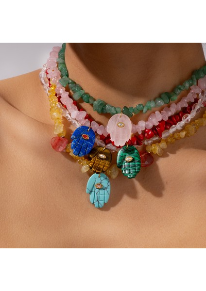 Moda Renkli Doğal Taş Kaplan Gözü Tavuskuşu Fatima Elde Taşınabilen Boncuklu Kolye Kadın Parti Takıları (Yurt Dışından) fiyatları