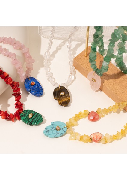 Moda Renkli Doğal Taş Kaplan Gözü Tavuskuşu Fatima Elde Taşınabilen Boncuklu Kolye Kadın Parti Takıları (Yurt Dışından) fırsatları