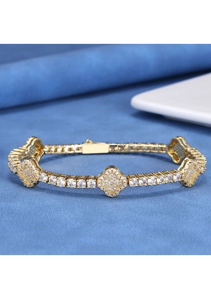 Hip-Hop Bahar Tokası Zirkonyum Tenis Zinciri Dört Yapraklı Yonca Erkek Bileklik Takı Dropshipping (Yurt Dışından)