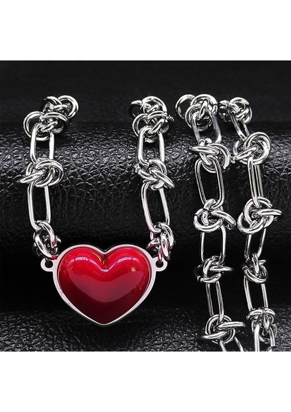 Hnsp Paslanmaz Çelik Kırmızı Kalp Choker Kolye Kolye Zinciri Kadınlar Için Takı Çok Yönlü Kız Aksesuarları (Yurt Dışından)