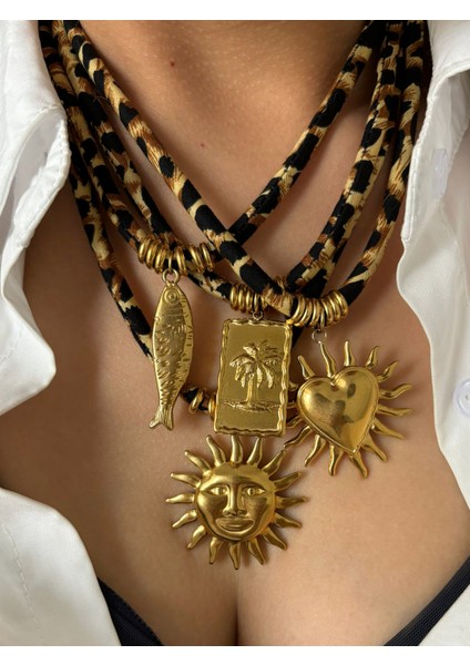 Peri'sbox Avrupa ve Amerika Atılı Altın Kaplama Kalp Güneş Kolye Kolye Vintage Trend Leopar Baskı Kolye Kadınlar Için (Yurt Dışından)