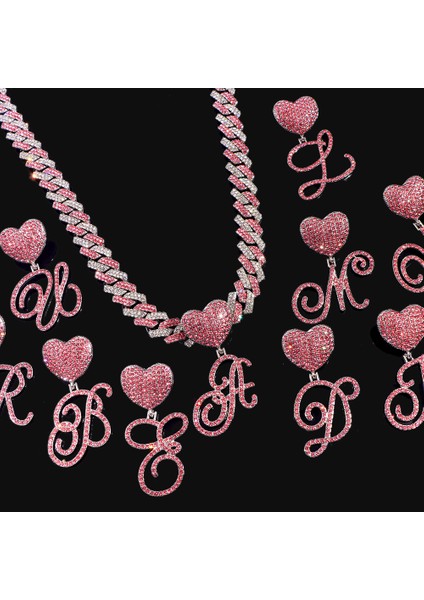 Hip Hop Bling Pembe El Yazısı Ilk Harf Küba Kolye Kadınlar Için Buzlu Outlanı Küba Kolye Gerdanlık Takı (Yurt Dışından)