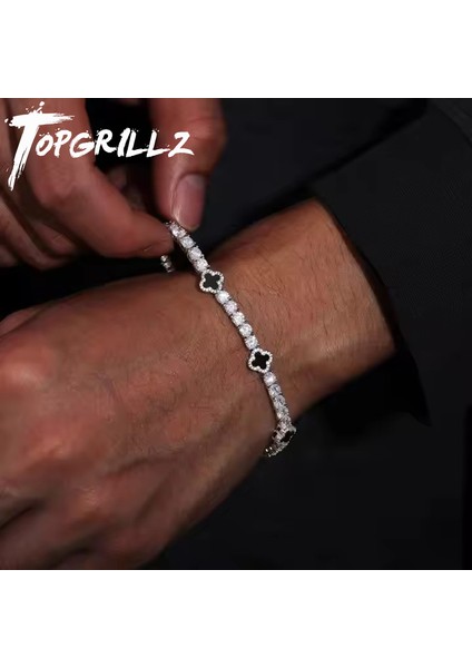 Topgrıllz Erkek Kadın Buzlu Charm Şanslı Yonca 4mm Tenis Zincirleri Kolye Moda Takı Dört Yapraklı Yonca Bilezikler (Yurt Dışından)