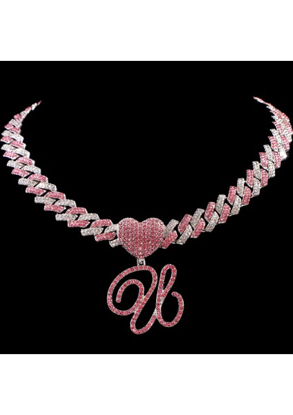 Hip Hop Bling Pembe El Yazısı Ilk Harf Küba Kolye Kadınlar Için Buzlu Outlanı Küba Kolye Gerdanlık Takı (Yurt Dışından)