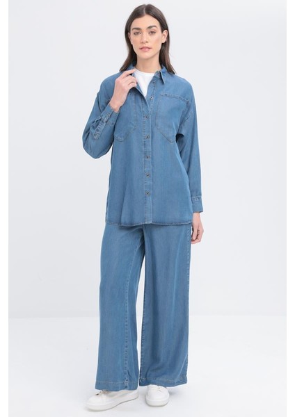 Açık Mavi-Büyük Cepli Denim Pantolonlu Takım