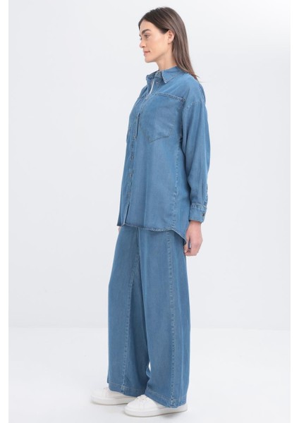 Açık Mavi-Büyük Cepli Denim Pantolonlu Takım fiyatları