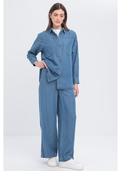 Açık Mavi-Büyük Cepli Denim Pantolonlu Takım modelleri