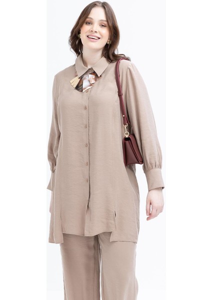 Vizon-Yırtmaç Detaylı Büyük Beden Modal Pantolonlu Takım