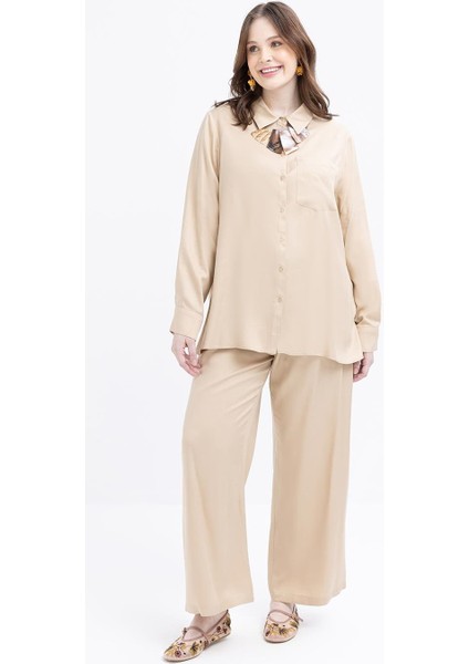 Bej-Cep Detaylı Büyük Beden Pantolonlu Takım