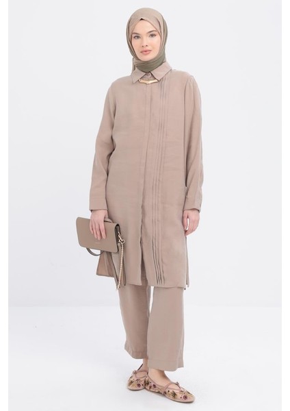 Vizon-Nervürlü Yırtmaçlı Modal Pantolonlu Takım