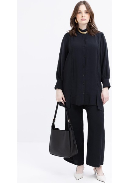 Siyah-Yırtmaç Detaylı Büyük Beden Modal Pantolonlu Takım