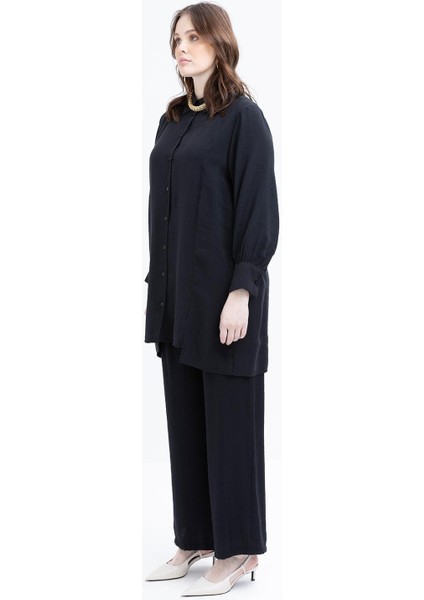 Siyah-Yırtmaç Detaylı Büyük Beden Modal Pantolonlu Takım fiyatları