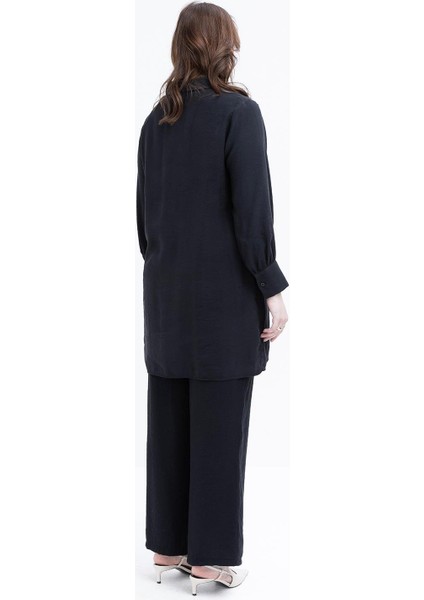 Siyah-Yırtmaç Detaylı Büyük Beden Modal Pantolonlu Takım modelleri