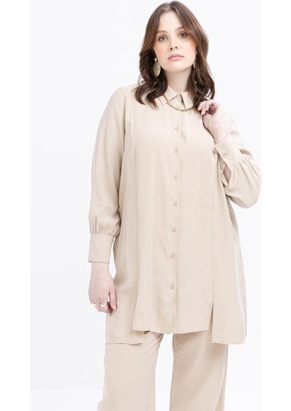 Bej-Yırtmaç Detaylı Büyük Beden Modal Pantolonlu Takım