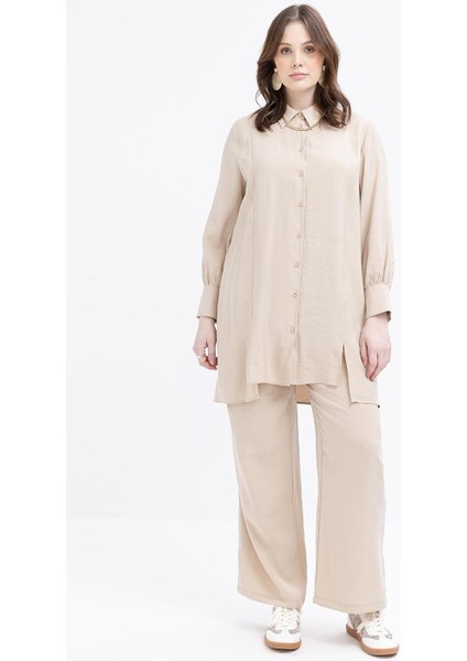 Bej-Yırtmaç Detaylı Büyük Beden Modal Pantolonlu Takım fiyatları