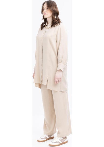 Bej-Yırtmaç Detaylı Büyük Beden Modal Pantolonlu Takım modelleri