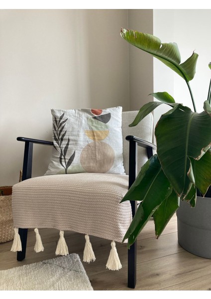 Püsküllü Örgü Desen Koltuk Örtüsü Bej (Tekli Koltuk Için) 70X90 cm modelleri