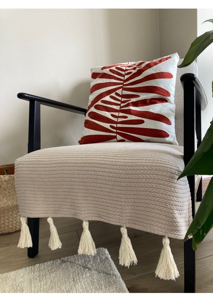 Püsküllü Örgü Desen Koltuk Örtüsü Bej (Tekli Koltuk Için) 70X90 cm fırsatları