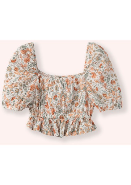 Kız Çocuk Kare Yakalı Kol Ucu Lastikli Desenli Ekru Bluz