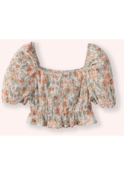 Kız Çocuk Kare Yakalı Kol Ucu Lastikli Desenli Ekru Bluz fiyatları