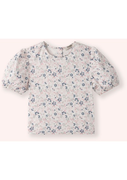 Kız Çocuk Yuvarlak Yakalı Kolu Büzgülü Çiçek Desenli Beyaz Bluz