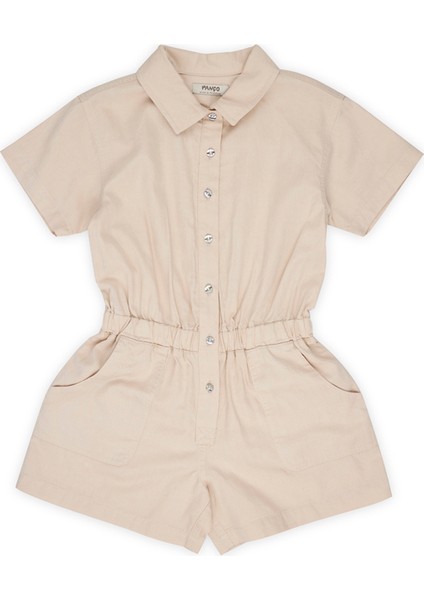 Kız Çocuk Düğmeli Gömlek Yaka Bej Salopet