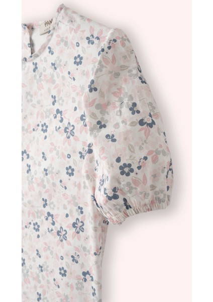 Kız Çocuk Yuvarlak Yakalı Kolu Büzgülü Çiçek Desenli Beyaz Bluz fiyatları