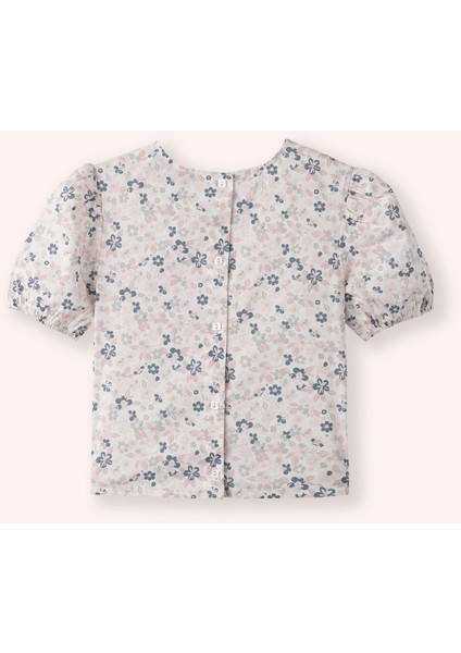 Kız Çocuk Yuvarlak Yakalı Kolu Büzgülü Çiçek Desenli Beyaz Bluz modelleri