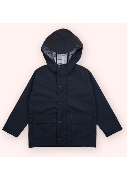 Erkek Çocuk Kapüşonlu Iç Bedeni Baskılı Lacivert Yağmurluk