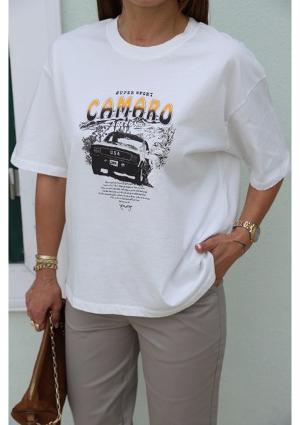 Ekru Oversize Baskı Detay Tshirt