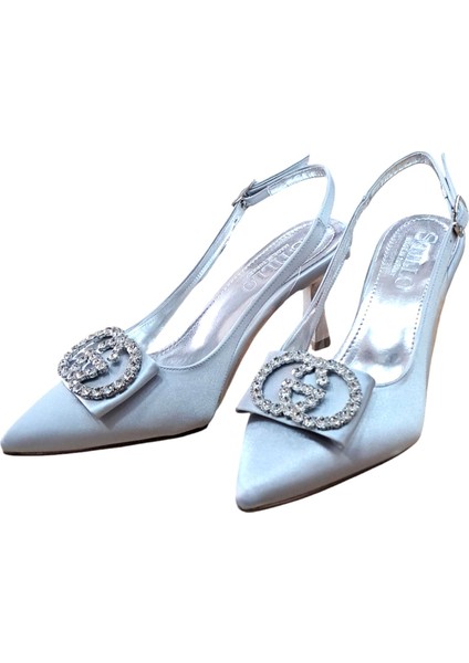 33 Kadın Saten Taşlı Tokalı Arka Açık Kadeh Ökçe Stiletto Gümüş