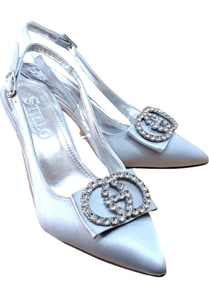 33 Kadın Saten Taşlı Tokalı Arka Açık Kadeh Ökçe Stiletto Gümüş fiyatları