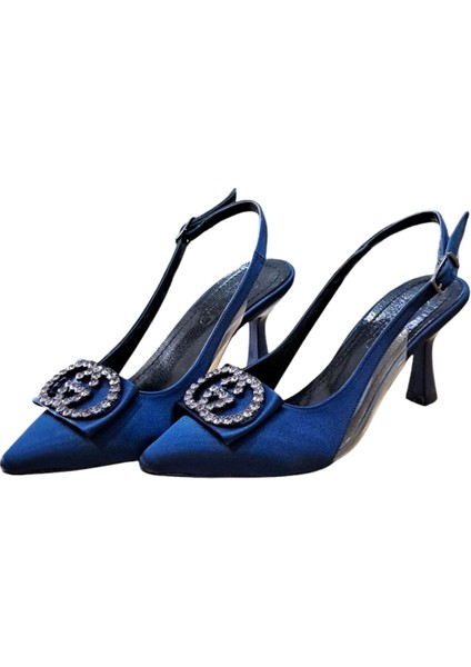 33 Kadın Saten Taşlı Tokalı Arka Açık Kadeh Ökçe Stiletto Lacivert