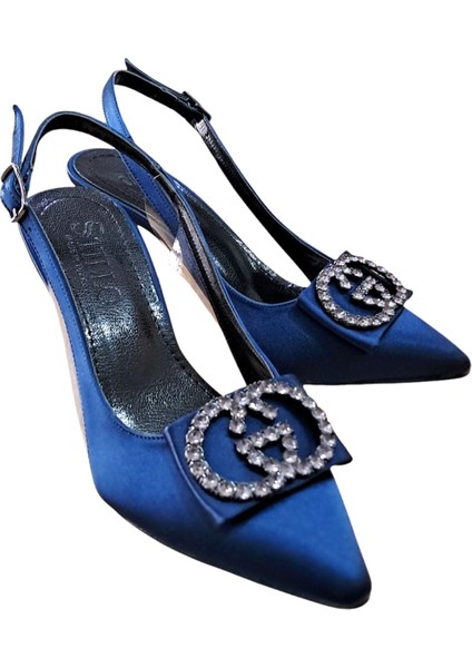 33 Kadın Saten Taşlı Tokalı Arka Açık Kadeh Ökçe Stiletto Lacivert fiyatları