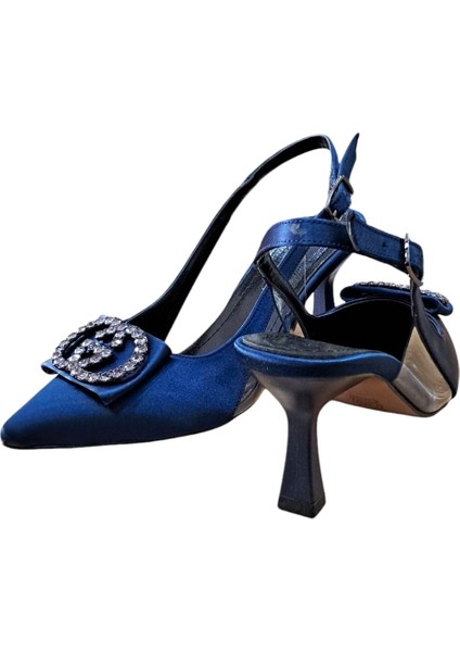 33 Kadın Saten Taşlı Tokalı Arka Açık Kadeh Ökçe Stiletto Lacivert fırsatları