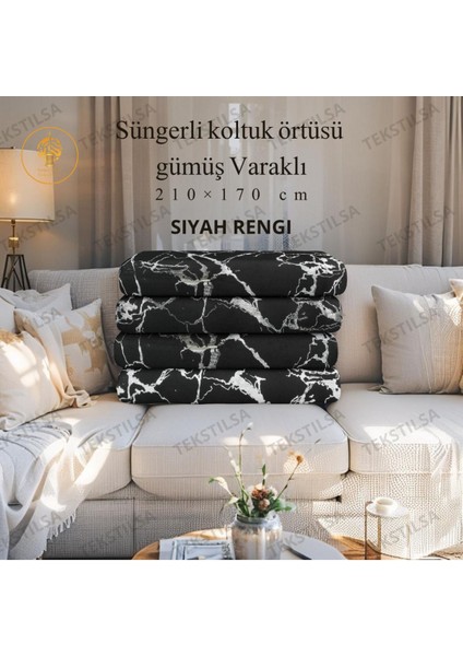 Koltuk Çekyat Örtüsü Yeni Moda Gümüş Varaklı Dekoratif Siyah Zemin Süngerli Koltuk Örtüsü 1ADET