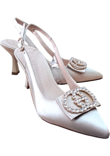 33 Kadın Saten Taşlı Tokalı Arka Açık Kadeh Ökçe Stiletto Ten