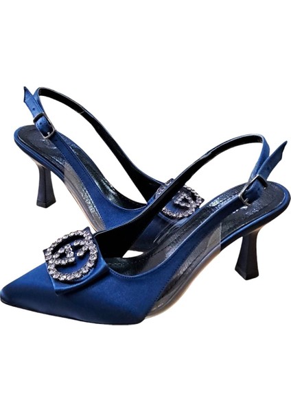 33 Kadın Saten Taşlı Tokalı Arka Açık Kadeh Ökçe Stiletto Lacivert modelleri