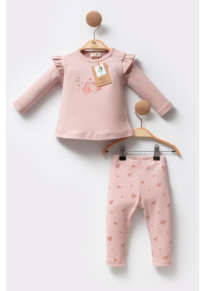 Organik Pamuklu Fırfırlı Desenli Uzun Kollu Soft Touch Kız Bebek Takım