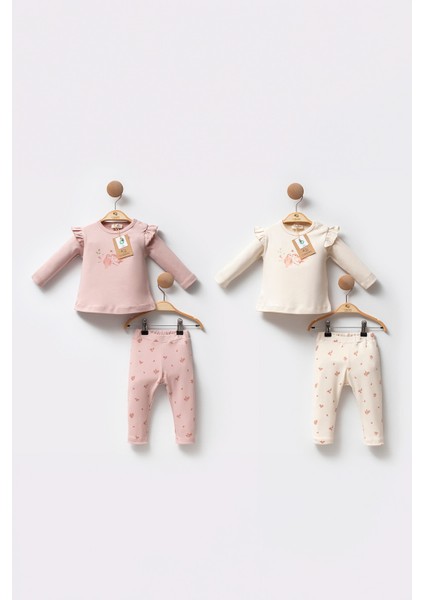 Organik Pamuklu Fırfırlı Desenli Uzun Kollu Soft Touch Kız Bebek Takım