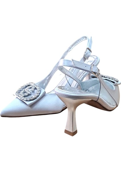 33 Kadın Saten Taşlı Tokalı Arka Açık Kadeh Ökçe Stiletto Gümüş fırsatları