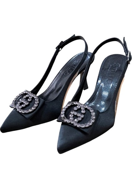 33 Kadın Saten Taşlı Tokalı Arka Açık Kadeh Ökçe Stiletto Siyah