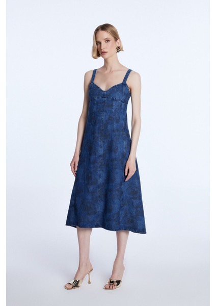 Desenli Denim Elbise lacivert 12444123000