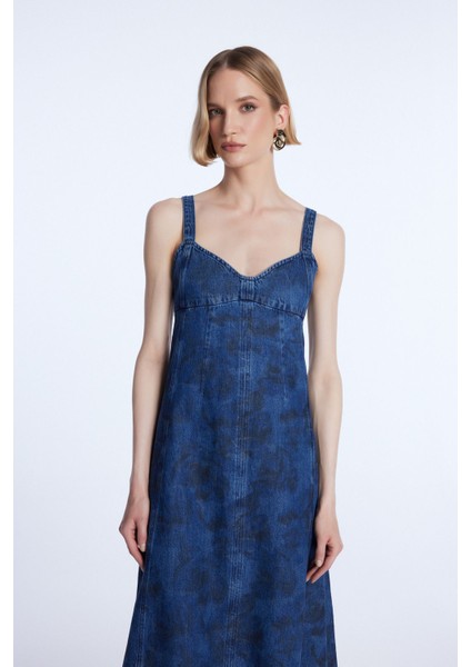 Desenli Denim Elbise lacivert 12444123000