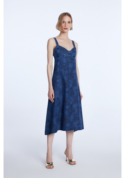 Desenli Denim Elbise lacivert 12444123000