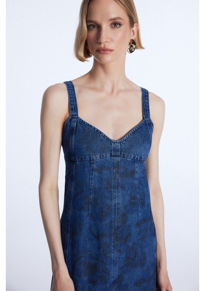 Desenli Denim Elbise lacivert 12444123000