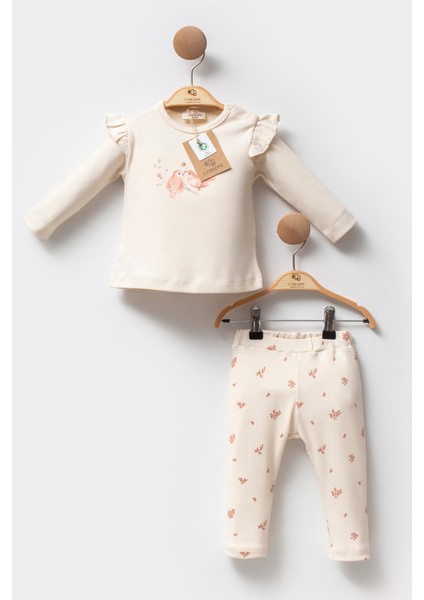 Organik Pamuklu Fırfırlı Desenli Uzun Kollu Soft Touch Kız Bebek Takım