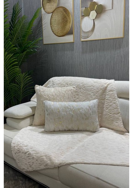 Peluş Varaklı Koltuk Şalı - Krem