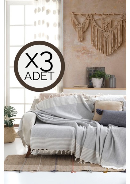 Bergama Gri 3 Adet Koltuk Örtüsü 180 x 200 cm Koltuk Şalı Kanepe Berjer Örtüsü Pamuklu